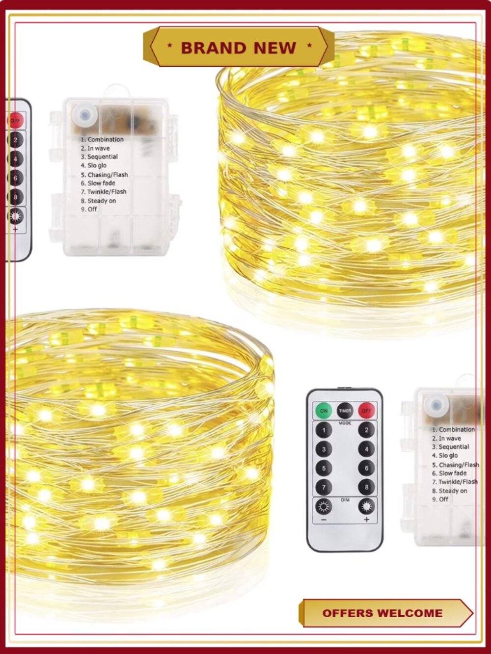 2 Set Fairy Lights Battery Operated 66Ft 200 LED 8 Modes Silver Wire IP65 Timer